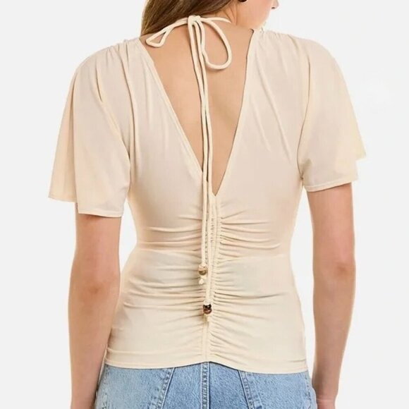 ALC Top Ruched Short Sleeve Beaded Detail Cream Retro Small - Picture 3 of 14